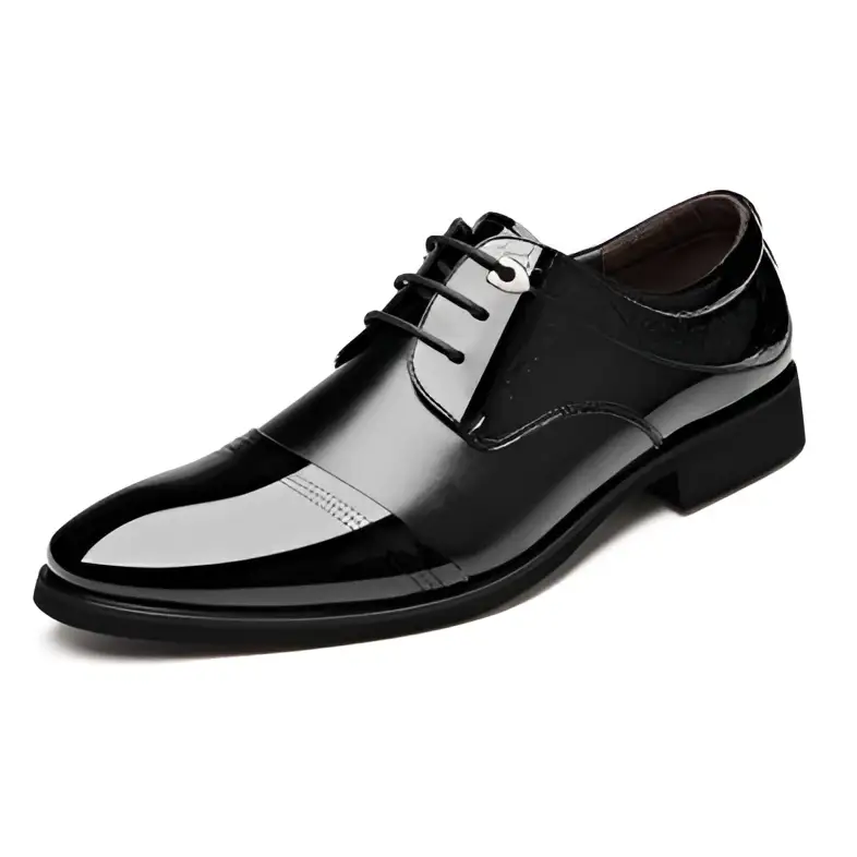 Black patent leather men’s shoes business dress featuring glossy finish and classic oxford lace-up design