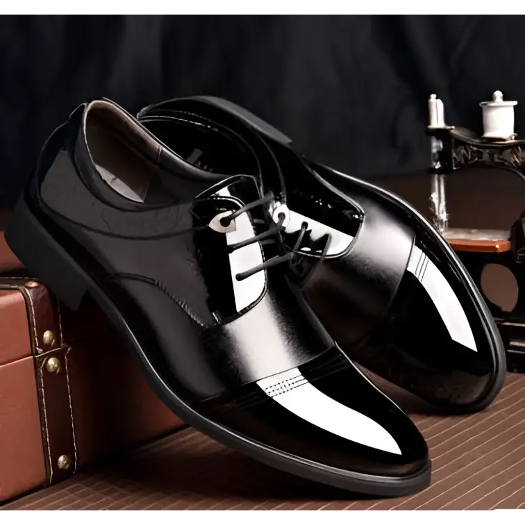 Black patent leather men’s shoes business dress with a glossy finish and classic lace-up design