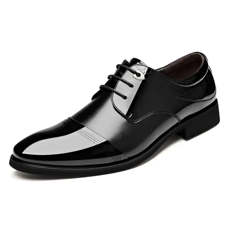 Black patent leather men’s shoes business dress featuring glossy finish and subtle stitching lace-up design
