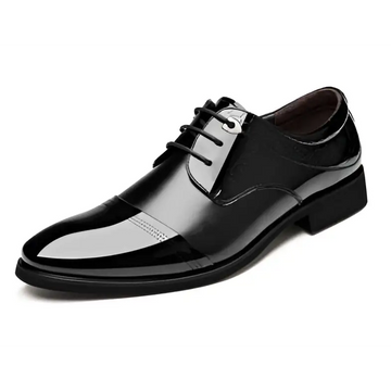Black patent leather men’s shoes business dress featuring glossy finish and subtle stitching lace-up design