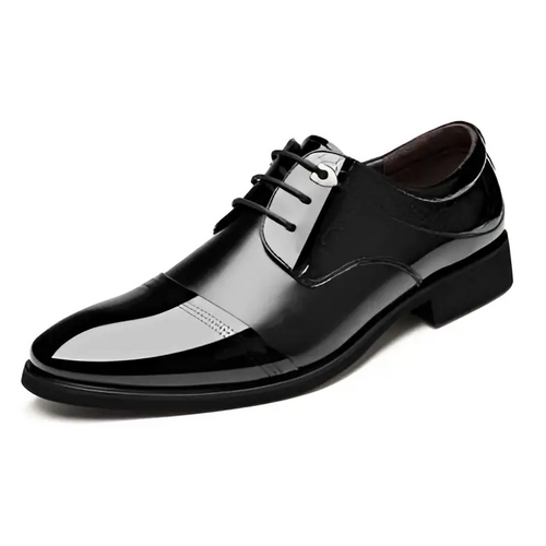 Black patent leather men’s shoes business dress featuring glossy finish and subtle stitching lace-up design