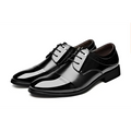 Black patent leather men’s shoes business dress featuring glossy finish and classic lace-up design