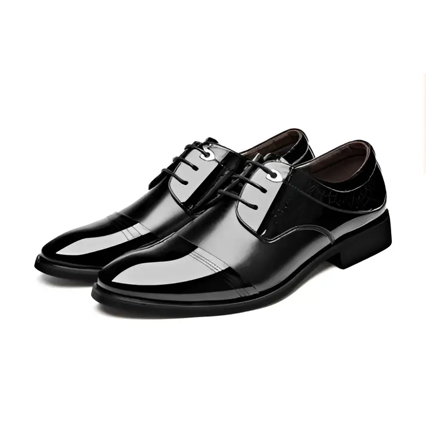 Black patent leather men’s shoes business dress featuring glossy finish and classic lace-up design