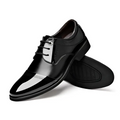 Black patent leather men’s shoes business dress with a glossy finish and classic lace-up design for formal wear