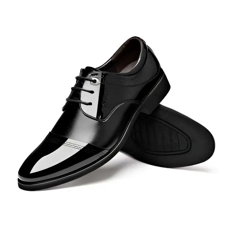 Black patent leather men’s shoes business dress with a glossy finish and classic lace-up design for formal wear