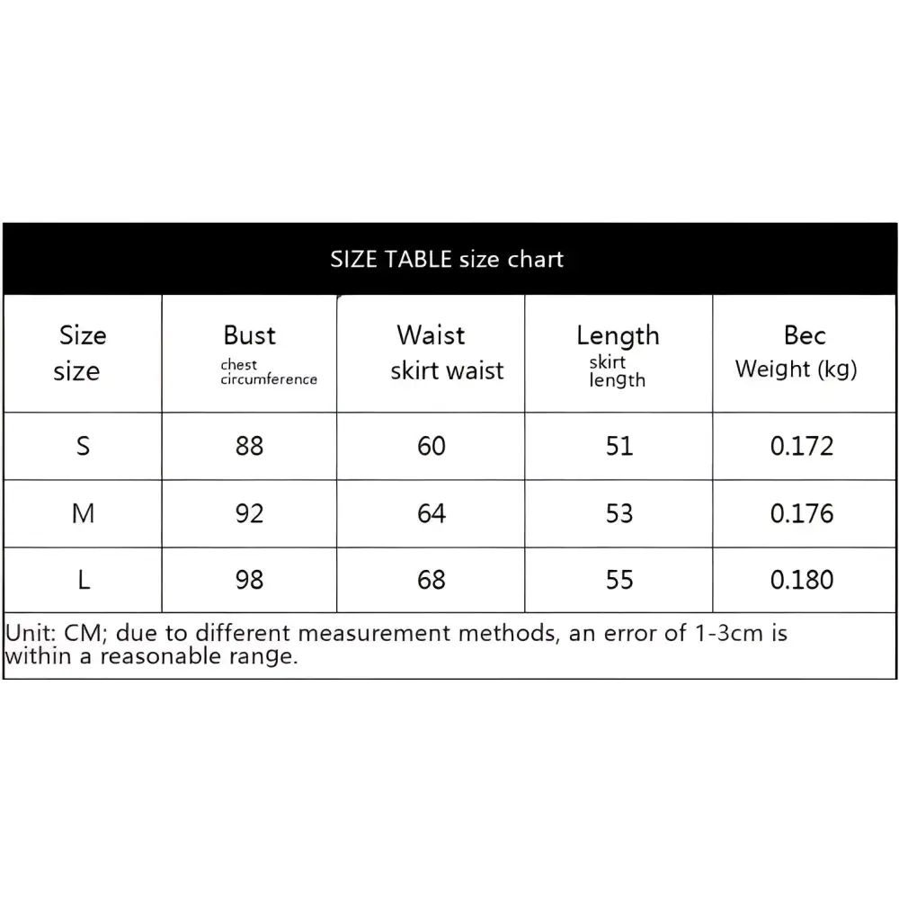 Size chart for black patent leather sexy corset bunny costume skirt showing measurements in centimeters for sizes s m and l