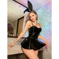 Black patent leather bunny ear headband with glossy finish and plush fabric for nightclub sexy corset bunny costume