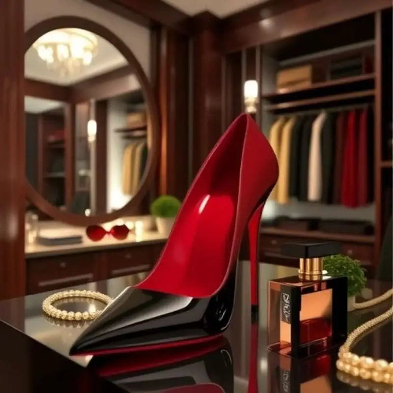 Glossy red and black patent stiletto pointed toe high heels resembling the iconic christian louboutin design