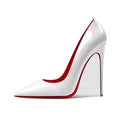 White patent leather christian louboutin high heel pump with signature red sole and stiletto pointed toe design