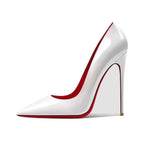 White patent leather christian louboutin high heel pump with signature red sole and stiletto pointed toe design