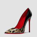 Black patent stiletto pointed toe high heels with leopard-print patent leather and signature red sole by christian louboutin