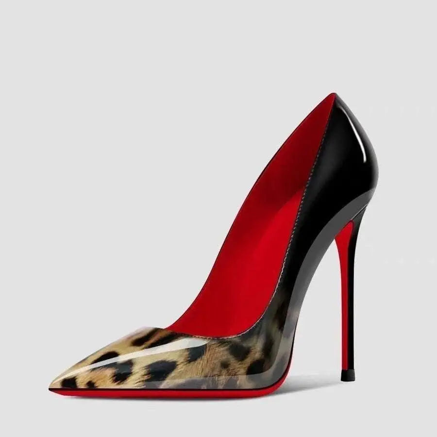 Black patent stiletto pointed toe high heels with leopard-print patent leather and signature red sole by christian louboutin