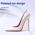 White high-heeled pump with pointed toe and red trim in microfiber fabric contrasting black patent stiletto pointed toe design
