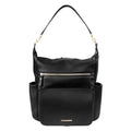Black peek a boo convertible hobo diaperbag backpack in black leather with gold-tone hardware and front zipper pocket