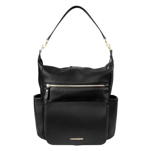Black peek a boo convertible hobo diaperbag backpack in black leather with gold-tone hardware and front zipper pocket
