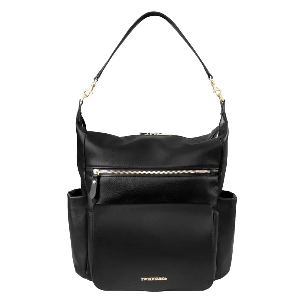 Black peek convertible hobo diaperbag backpack in black leather with gold-tone hardware and front zipper pocket