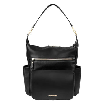 Black peek convertible hobo diaperbag backpack in black leather with gold-tone hardware and front zipper pocket