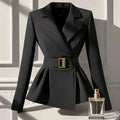 Black peplum blazer featuring elegant socialite design sense and a gold-toned rectangular belt buckle detail