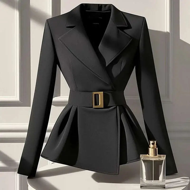 Black peplum blazer featuring elegant socialite design sense and a gold-toned rectangular belt buckle detail
