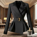 Black peplum blazer featuring an elegant socialite design with gold-toned rectangular belt and tailored fit