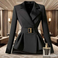Black peplum blazer featuring an elegant socialite design with gold-toned rectangular belt and tailored fit