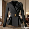 Black peplum blazer featuring an elegant socialite design with a gold-toned rectangular belt and tailored fit