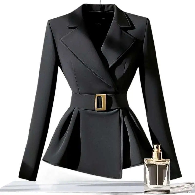 Black peplum blazer with elegant socialite design featuring structured shoulders and a gold-toned rectangular belt