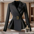 Black peplum blazer featuring an elegant socialite design with a gold-toned rectangular belt and tailored fit