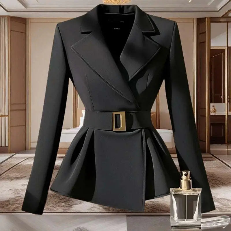 Black peplum blazer featuring an elegant socialite design with a gold-toned rectangular belt and tailored fit