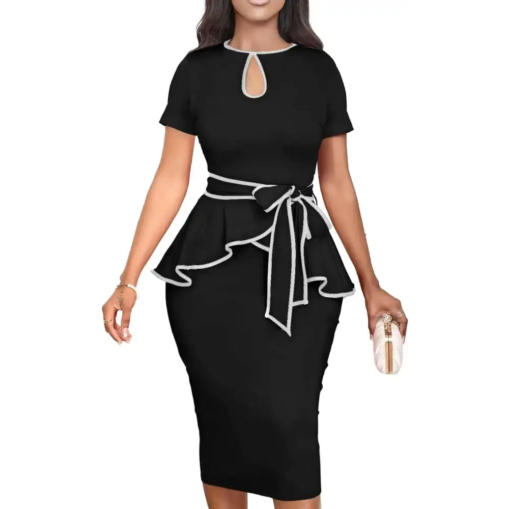 Black peplum short sleeve bodycon pencil dress with white trim and tied waistband for elegant occasions