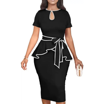 Black peplum short sleeve bodycon pencil dress with white trim and tied waistband for elegant occasions