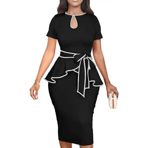 Black peplum short sleeve bodycon pencil dress with white trim and tied waistband for elegant occasions