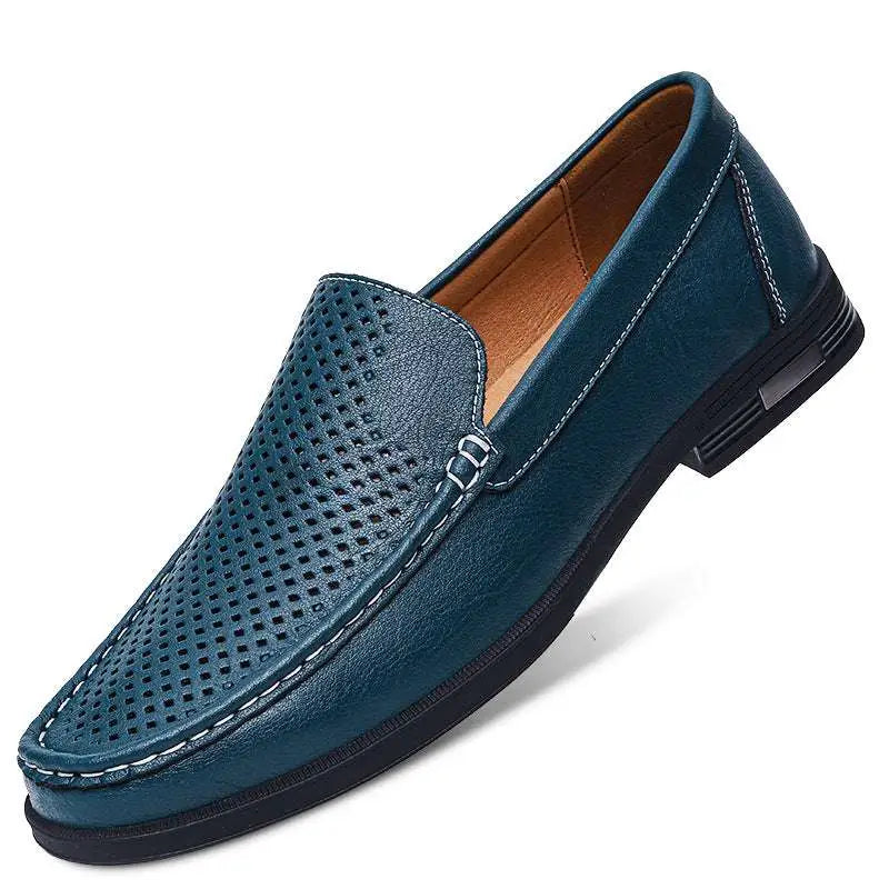 Teal leather slip-on loafer with perforated detailing and white stitching for superior comfort leather male shoes