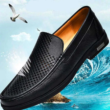 Black perforated leather male shoes slip-on loafer with superior comfort and orange interior lining