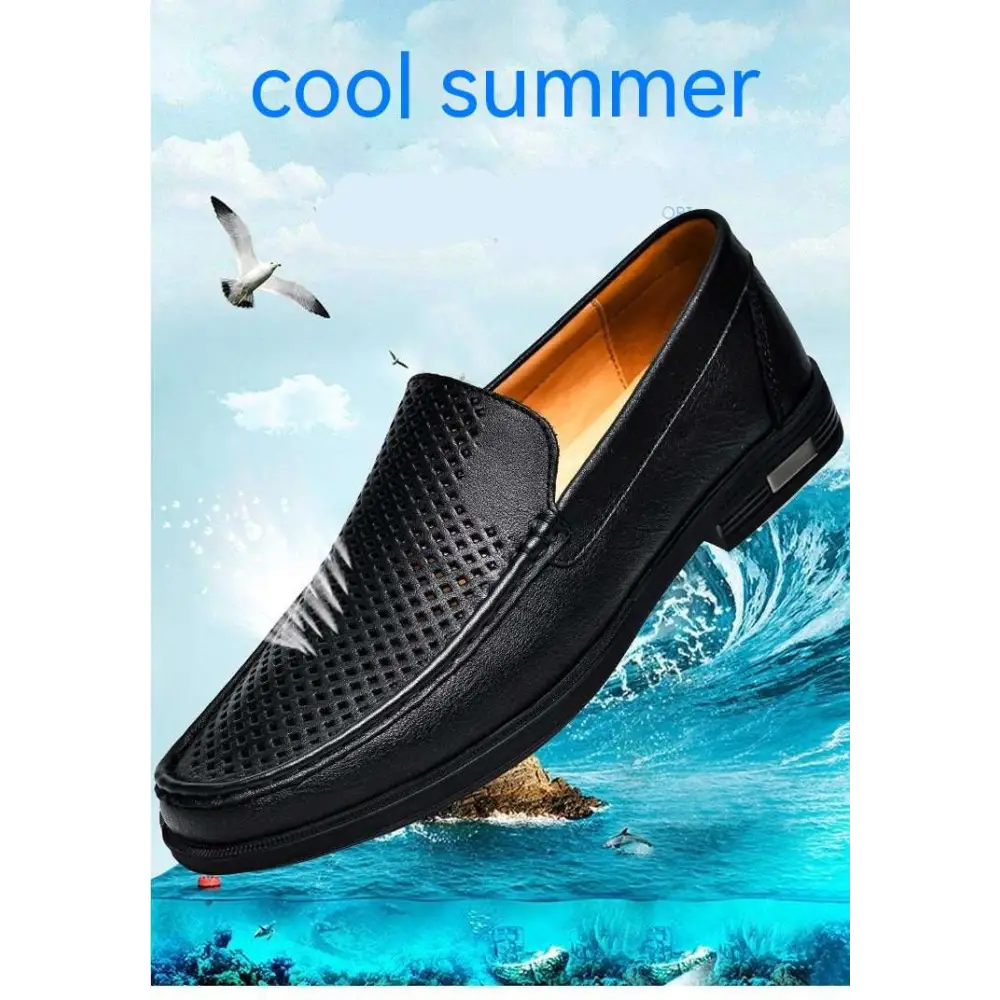 Black perforated leather male shoes slip-on loafer with superior comfort and orange interior lining