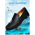 Black perforated leather male shoes with tan interior slip-on design and textured sole for superior comfort