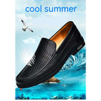 Black perforated leather male shoes with tan interior slip-on design and textured sole for superior comfort