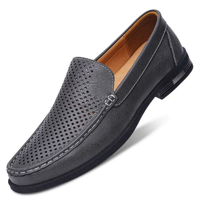 Black perforated leather male shoes slip-on loafer with white stitching and tan interior for superior comfort