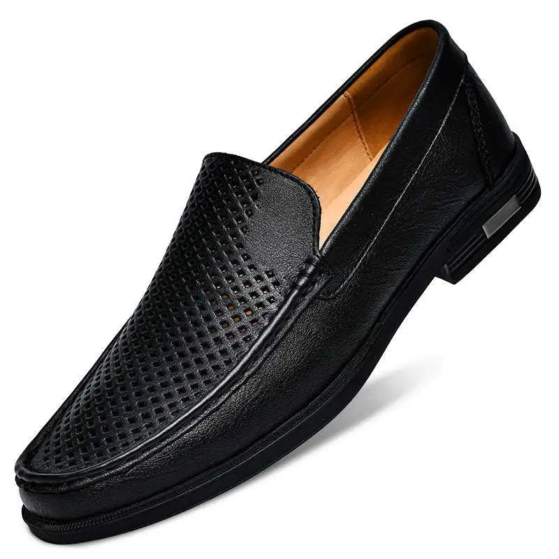 Black perforated leather male slip-on loafer with superior comfort featuring perforated pattern on toe and side
