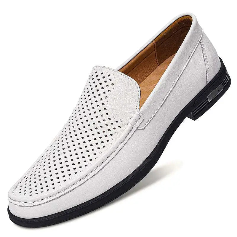 White perforated leather slip-on loafer with black rubber sole offering superior comfort in leather male shoes