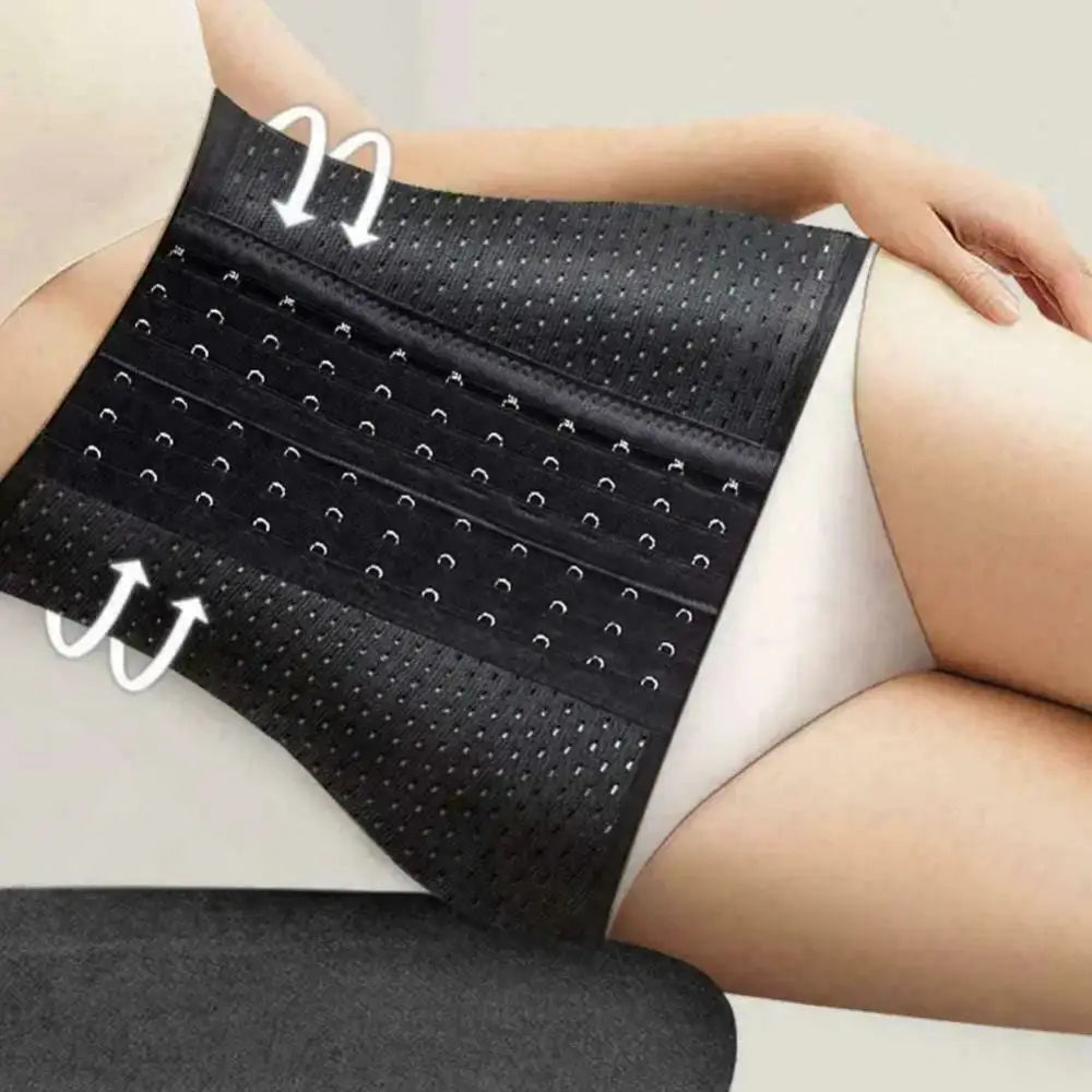 Black perforated slim waist trainer cincher with adjustable metal clasps for a slim shape waist silhouette