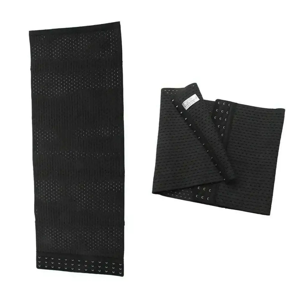 Black perforated slim shape waist trainer cincher with adjustable hook-and-loop fasteners in black mesh material