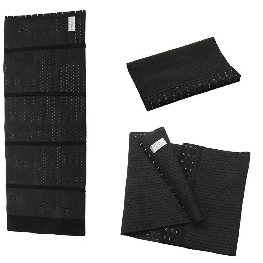 Black perforated slim waist trainer cincher with adjustable hook-and-loop fasteners made of mesh material