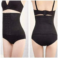Black perforated slim shape waist trainer cincher with mesh fabric adjustable side fasteners and back buckle shown from back