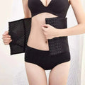 Black perforated slim shape waist trainer cincher with black mesh fabric and adjustable metal clasps for contouring