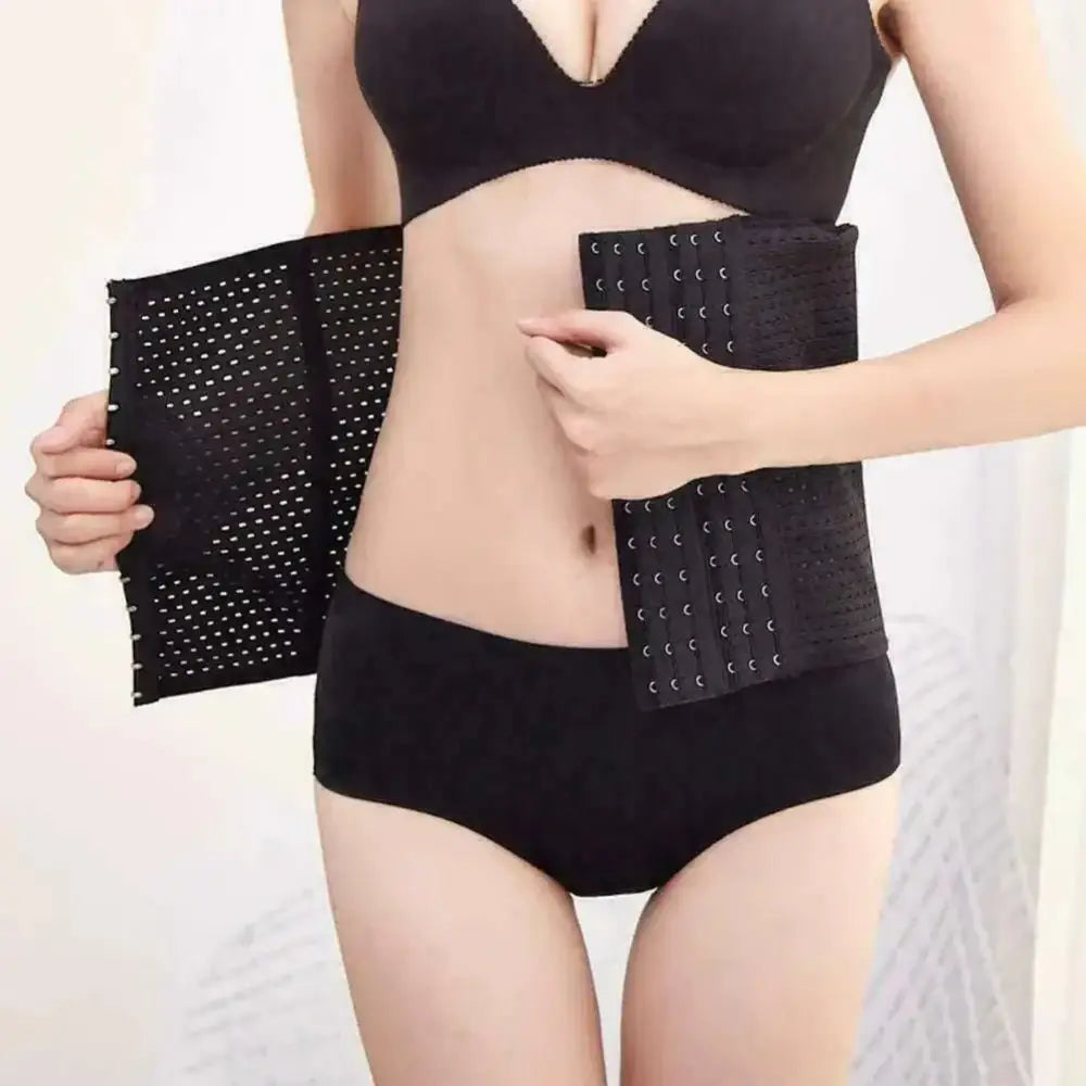 Black perforated slim shape waist trainer cincher with black mesh fabric and adjustable metal clasps for contouring