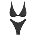 Black pleated women bikini set with triangle top featuring plunging neck and high-cut bottoms with adjustable straps