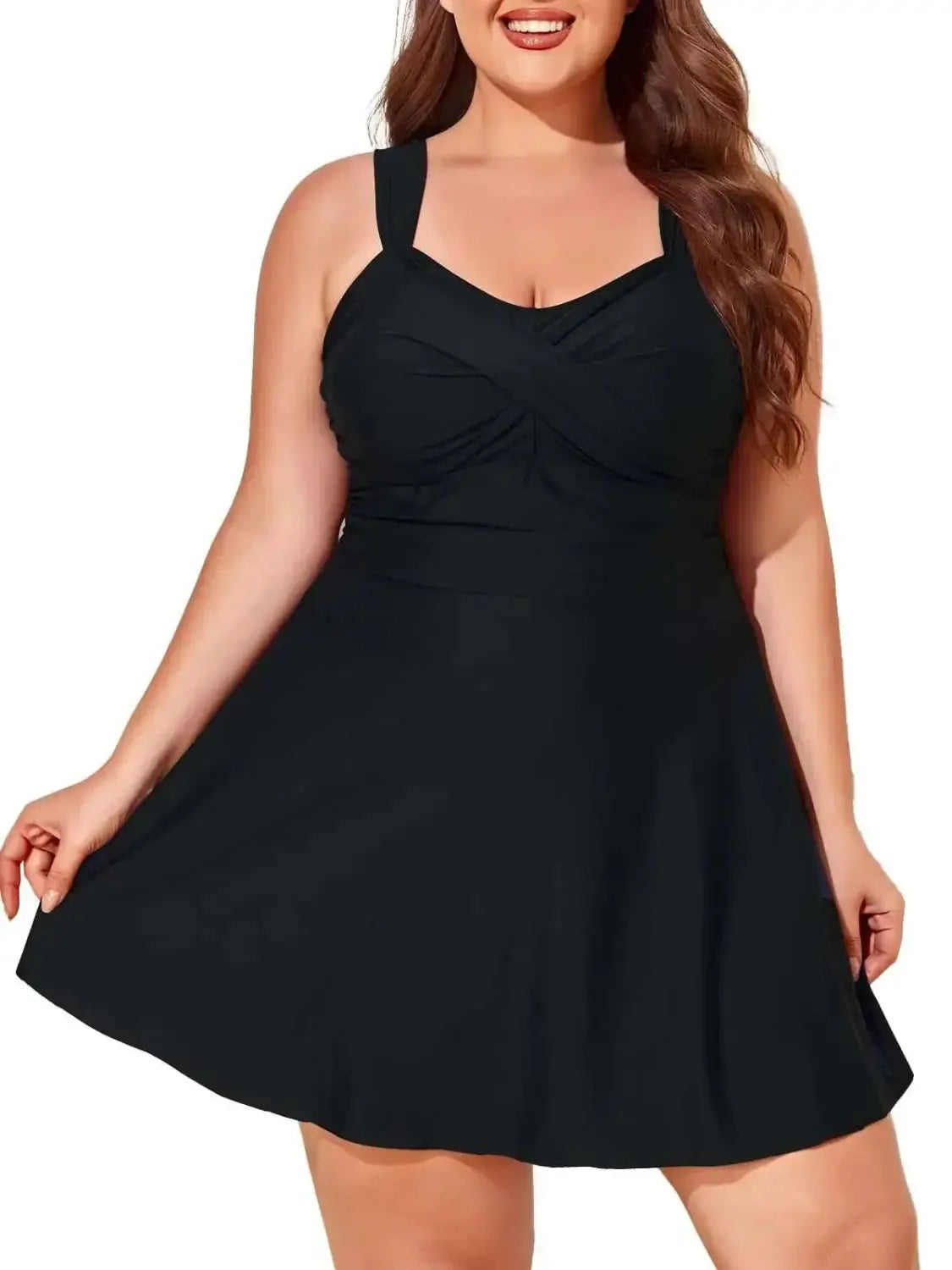 black plus size one-piece swimsuit for curvy women featuring a draped front and flared skirt, ideal for stylish plus size dresses and swimwear in 2026.