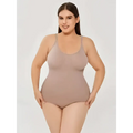 Beige plus-size bodycon one-piece with thin straps and scoop neckline for black plus size women tummy control