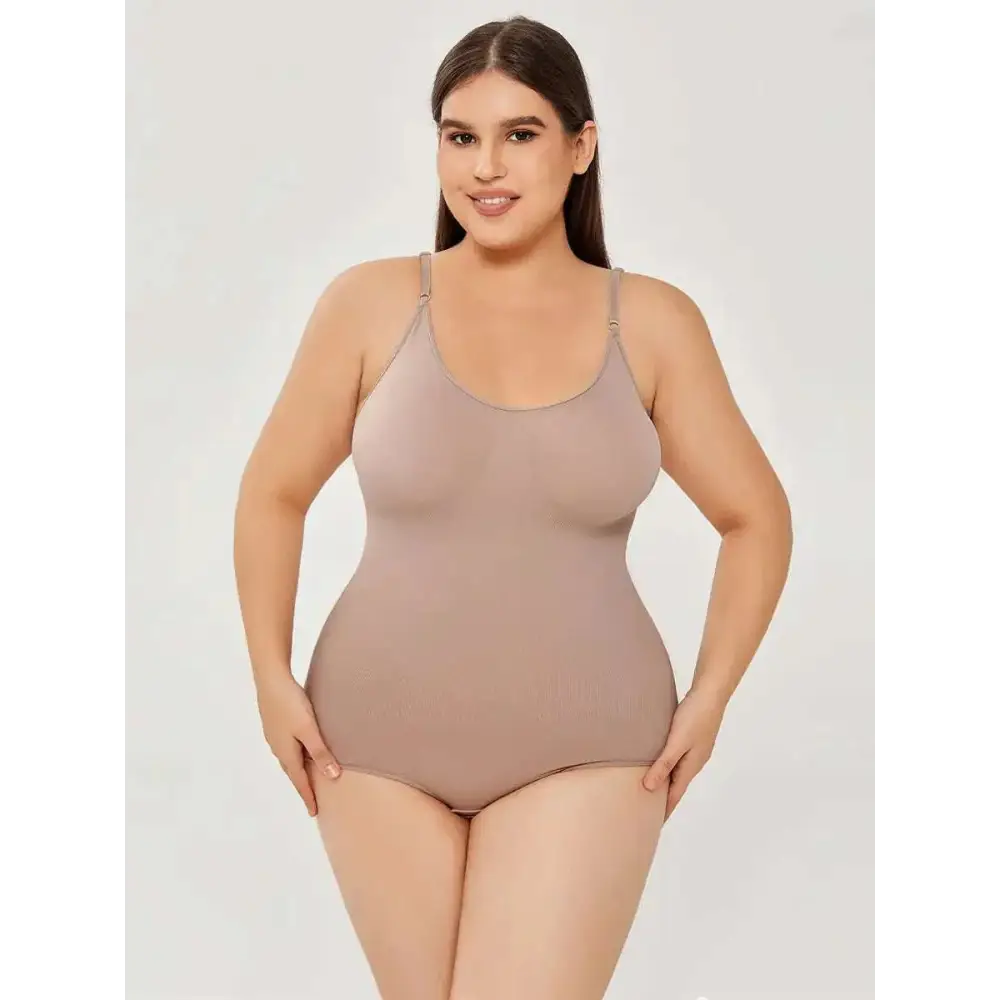 Beige ribbed one-piece bodysuit with thin straps for black plus size women tummy control and size women tummy use